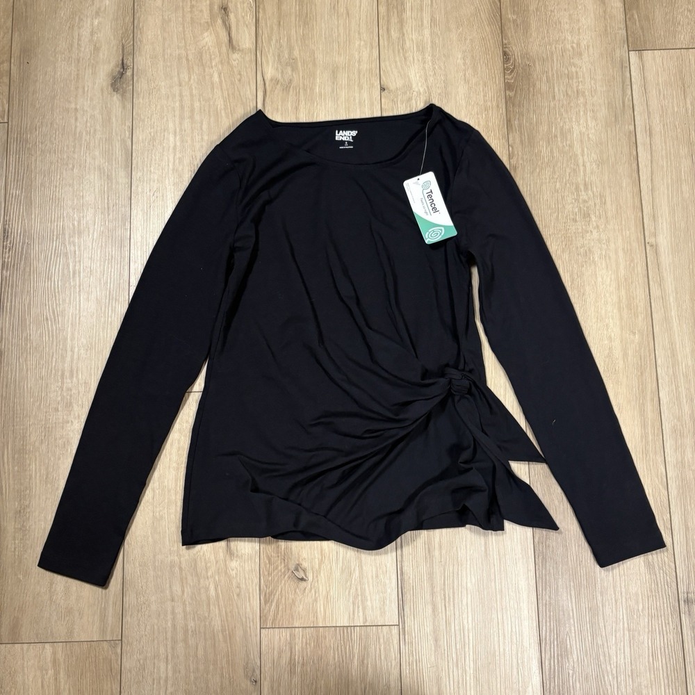 NWOT Lands' End Top Women's Small Black Side Tie Faux Wrap Long Sleeve